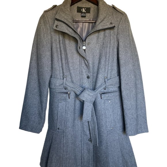 Calvin Klein Women Medium Pleated Skirt Bottom Wool Peacoat Belted Pocket Collar - Picture 14 of 14